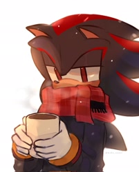 Size: 1650x2048 | Tagged: safe, artist:miko_sonic, shadow the hedgehog, 2023, coat, holding something, hot cocoa, mug, scarf, simple background, snow, snowing, solo, white background, winter, winter outfit
