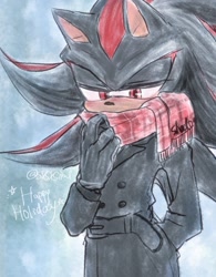 Size: 1114x1428 | Tagged: safe, artist:sxsxsimi, shadow the hedgehog, 2023, coat, lidded eyes, looking down, scarf, signature, standing, traditional media, winter, winter outfit