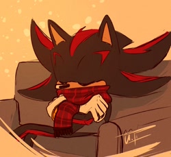 Size: 1000x915 | Tagged: safe, artist:ira_theartist, shadow the hedgehog, 2023, arms folded, couch, eyes closed, scarf, simple background, sitting, snow, snowing, solo, tan background
