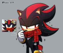 Size: 1384x1160 | Tagged: safe, artist:huyusth, shadow the hedgehog, grey background, lidded eyes, looking down, reference inset, scarf, signature, simple background, solo, sparkles, standing, winter outfit