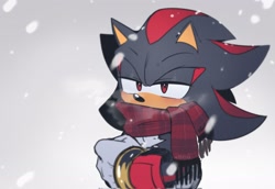 Size: 2048x1411 | Tagged: safe, artist:3511vo, shadow the hedgehog, 2023, arms folded, blushing, lidded eyes, looking offscreen, scarf, snow, snowing, standing, winter, winter outfit