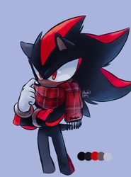 Size: 800x1080 | Tagged: safe, artist:ghostie_berry, shadow the hedgehog, 2023, blue background, looking offscreen, scarf, signature, simple background, solo, standing, winter outfit