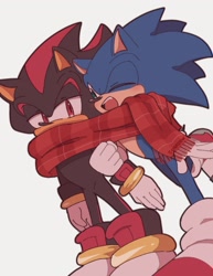 Size: 1581x2048 | Tagged: safe, artist:machimo129, shadow the hedgehog, sonic the hedgehog, 2023, blushing, cute, duo, gay, holding another's arm, looking at each other, scarf, shadow x sonic, shadowbetes, shipping, simple background, smile, sonabetes, standing, white background, wink