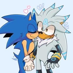 Size: 1280x1280 | Tagged: safe, artist:danimatez, silver the hedgehog, sonic the hedgehog, 2023, blue background, blushing, duo, frown, gay, hands together, heart, shipping, simple background, smile, sonilver, standing, surprised, wagging tail