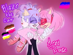 Size: 1024x768 | Tagged: safe, artist:brockali_, amy rose, blaze the cat, cat, hedgehog, 2023, amy x blaze, bisexual pride, carrying them, character name, cute, eyes closed, female, females only, lesbian, nonbinary pride, pride, pride flag, shipping