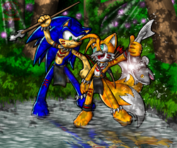 Size: 1333x1116 | Tagged: safe, artist:lord-kiyo, miles "tails" prower, sonic the hedgehog, fish, literal animal, tribal