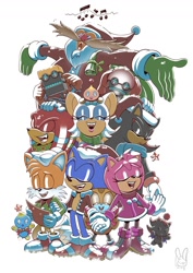 Size: 1200x1697 | Tagged: safe, artist:rikdraws, amy rose, cheese (chao), chocola (chao), cream the rabbit, cubot, knuckles the echidna, miles "tails" prower, orbot, rouge the bat, shadow the hedgehog, sonic the hedgehog, chao, caroling, christmas, christmas ornament, rouge's heart top, santa hat, santa outfit, scarf, singing