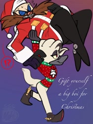 Size: 1500x2000 | Tagged: safe, artist:meh8k, dr. starline, robotnik, carrying them, christmas, christmas outfit, english text, gay, gradient background, holding them, robotnik x starline, santa hat, shipping, surprised