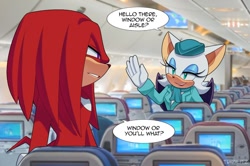 Size: 1000x665 | Tagged: safe, artist:trizilitz, knuckles the echidna, rouge the bat, airplane, dialogue, english text, flight attendant outfit, looking at each other, photographic background, screen, signature, squinting, suspicious, waving