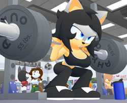 Size: 1280x1037 | Tagged: safe, artist:slickehedgehog, oc, oc:makia the hedgehog, jackal, focused, gym, huge breasts, squatting, surprised, sweat, weightlifting, workout outfit