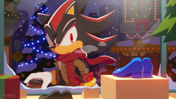Size: 1440x810 | Tagged: safe, big the cat, shadow the hedgehog, christmas, christmas tree, coffee, mission street, official artwork, snow, wreath