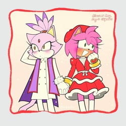 Size: 1080x1080 | Tagged: safe, artist:beanbagstab, amy rose, blaze the cat, cat, hedgehog, 2023, amy x blaze, blushing, cute, female, females only, holding hands, lesbian, looking at something, shipping