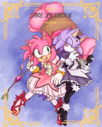 Size: 1080x1351 | Tagged: safe, artist:moffberrytea, amy rose, blaze the cat, cat, hedgehog, 2023, amy x blaze, blushing, cute, female, females only, lesbian, looking at them, shipping