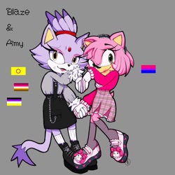 Size: 1080x1080 | Tagged: safe, artist:brockali_, amy rose, blaze the cat, cat, hedgehog, 2023, amy x blaze, bisexual pride, cute, female, females only, holding hands, intersex pride, lesbian, lesbian pride, looking at viewer, nonbinary pride, pride, shipping