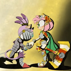 Size: 1080x1080 | Tagged: safe, artist:brenda3strlla1221, amy rose, blaze the cat, cat, hedgehog, sonic and the black knight, 2023, amy x blaze, cute, female, females only, kneeling, knight armor, lesbian, shipping, sir percival