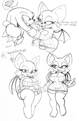 Size: 2289x3508 | Tagged: suggestive, artist:omegasunburst, knuckles the echidna, rouge the bat, busty rouge, dialogue, holding them, one fang, singing, sitting, sketch page, sweater