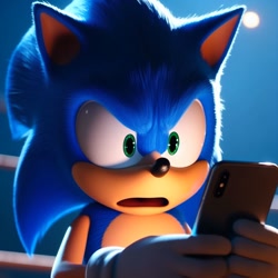 Size: 1024x1024 | Tagged: safe, ai art, sonic the hedgehog, cellphone, holding something, phone, shocked