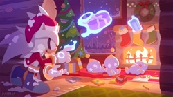 Size: 1053x592 | Tagged: safe, sonic twitter, silver the hedgehog, chao, christmas tree, fireplace, santa hat, santa outfit, sleeping, snow, telekinesis, wreath