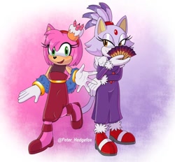 Size: 1080x1004 | Tagged: safe, artist:pedrop_drawarts, amy rose, blaze the cat, cat, hedgehog, the murder of sonic the hedgehog, 2023, amy x blaze, blaze's industrial dress, cute, female, females only, lesbian, looking at viewer, shipping