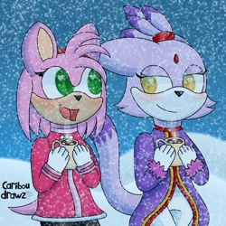 Size: 768x768 | Tagged: safe, artist:caribou._.drawz, amy rose, blaze the cat, cat, hedgehog, 2023, amy x blaze, cute, female, females only, hot cocoa, lesbian, looking at each other, mouth open, shipping, snow, snowflake, winter, winter outfit