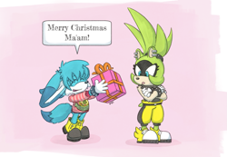 Size: 1713x1182 | Tagged: safe, artist:vidithereindeer, kit the fennec, surge the tenrec, christmas sweater, dialogue, pink background, present, surge's running suit, surprised