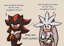 Size: 1400x1000 | Tagged: safe, artist:eisenbrave, shadow the hedgehog, silver the hedgehog, 2023, arms folded, autistic, beige background, duo, english text, frown, headcanon, looking offscreen, signature, simple background, smile, standing