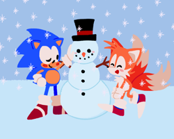 Size: 2000x1601 | Tagged: safe, artist:sontaiis, miles "tails" prower, sonic the hedgehog, 2023, blue background, blushing, christmas, cute, duo, gay, mouth open, no outlines, shipping, simple background, smile, snow, snowflake, snowing, snowman, sonabetes, sonic x tails, standing, tailabetes, wink