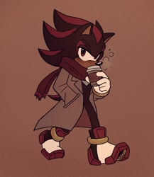 Size: 1257x1451 | Tagged: safe, artist:frostiios, shadow the hedgehog, brown background, coffee, drink, drinking, hand in pocket, holding something, looking at viewer, scarf, simple background, solo, steam clouds, trench coat, walking