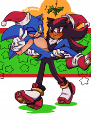 Size: 2048x2736 | Tagged: safe, artist:hopechild, shadow the hedgehog, sonic the hedgehog, abstract background, blushing, carrying them, christmas, christmas hat, duo, frown, gay, looking at viewer, mistletoe, santa hat, shadow x sonic, shipping, signature, smile, sparkles, star (symbol), v sign, walking, wink
