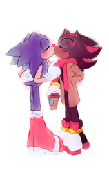 Size: 1780x2808 | Tagged: safe, artist:foolnamedjoey, shadow the hedgehog, sonic the hedgehog, 2023, boots, coffee, drink, duo, eyes closed, gay, hand behind back, hand in pocket, holding something, kiss, scarf, shadow x sonic, shipping, simple background, standing, trench coat, white background