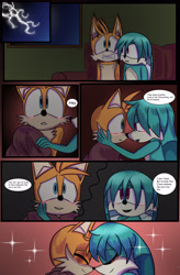 Size: 2011x3072 | Tagged: safe, artist:lizislife, kit the fennec, miles "tails" prower, abstract background, astraphobia, blushing, comic, couch, cute, dialogue, duo, english text, eyes closed, hand on another's face, indoors, kitails, lightning, nose boop, noses are touching, scared, sparkles, speech bubble, window