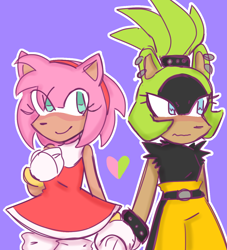 Size: 1160x1280 | Tagged: safe, artist:sharkuro, amy rose, surge the tenrec, 2023, blushing, duo, eye clipping through hair, frown, heart, holding hands, lesbian, looking at viewer, looking away, outline, purple background, shipping, shy, simple background, smile, standing, surgamy