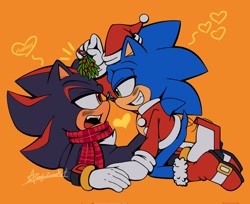 Size: 2048x1670 | Tagged: safe, artist:amelyzoneart, shadow the hedgehog, sonic the hedgehog, 2023, blushing, christmas, christmas hat, duo, gay, heart, holding something, kneeling, looking at each other, lying down, mistletoe, mouth open, orange background, santa hat, shadow x sonic, shipping, signature, simple background, wagging tail