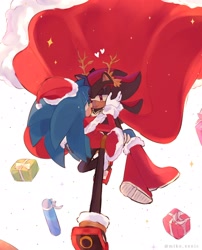 Size: 1656x2048 | Tagged: safe, artist:miko_sonic, shadow the hedgehog, sonic the hedgehog, 2023, boots, cape, carrying them, christmas, christmas hat, christmas outfit, duo, fake antlers, gay, heart, holding each other, lidded eyes, looking at each other, mouth open, present, santa hat, shadow x sonic, shipping, simple background, smile, sparkles, white background