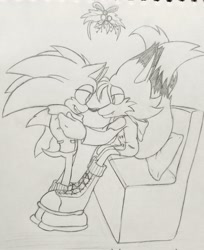 Size: 1671x2048 | Tagged: safe, artist:cjjp8, miles "tails" prower, sonic the hedgehog, 2023, boots, christmas, christmas outfit, coat, duo, gay, holding each other, lidded eyes, line art, looking at each other, mistletoe, older, one fang, pencilwork, pillow, scarf, shipping, sitting, smile, sonic x tails, standing, traditional media