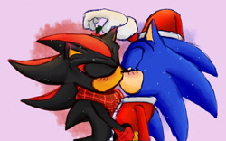 Size: 1520x950 | Tagged: safe, artist:_poopy_head_, shadow the hedgehog, sonic the hedgehog, abstract background, blushing, christmas, christmas hat, christmas outfit, coat, duo, eyes closed, gay, holding something, holding them, kiss, mistletoe, santa hat, scarf, shadow x sonic, shipping, snow, snowing
