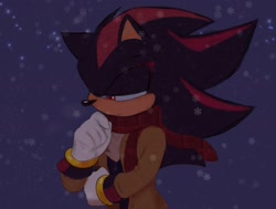 Size: 1775x1345 | Tagged: safe, artist:entropysonic, shadow the hedgehog, 2023, blue background, chest fluff, christmas, coat, lidded eyes, looking down, scarf, simple background, snow, snowing, solo, standing, thinking