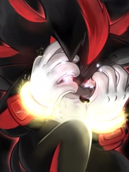 Size: 1536x2048 | Tagged: safe, artist:zamy_liettoon, shadow the hedgehog, 2023, close-up, covering face, crying, electricity, floppy ears, glowing, glowing eyes, shrunken pupils, sitting, solo, tears