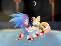 Size: 1024x768 | Tagged: safe, artist:giaoux, miles "tails" prower, sonic the hedgehog, 2023, abstract background, blushing, coat, cute, duo, ear warmers, eyes closed, holding hands, ice, ice skates, ice skating, looking at them, moon, nighttime, outdoors, scarf, sonabetes, tailabetes