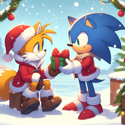 Size: 1024x1024 | Tagged: safe, ai art, artist:mobians.ai, miles "tails" prower, sonic the hedgehog, 2023, abstract background, boots, christmas, christmas decorations, christmas hat, christmas outfit, coat, duo, holding something, outdoors, present, santa hat, scarf, sitting, smile, snow, snowing, standing