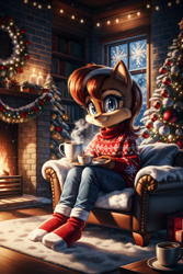 Size: 768x1152 | Tagged: safe, ai art, artist:mobians.ai, sally acorn, abstract background, candle, christmas, christmas lights, christmas sweater, christmas tree, couch, fireplace, holding something, hot cocoa, indoors, looking at viewer, plate, smile, solo