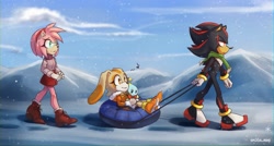 Size: 2045x1100 | Tagged: safe, artist:skoda_mas, amy rose, cheese (chao), cream the rabbit, shadow the hedgehog, winter
