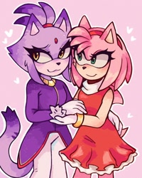 Size: 1080x1350 | Tagged: safe, artist:_.miniixd, amy rose, blaze the cat, cat, hedgehog, 2023, amy x blaze, amy's halterneck dress, blaze's tailcoat, cute, female, females only, hearts, holding hands, lesbian, looking at them, shipping