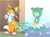 Size: 1200x882 | Tagged: safe, artist:ketlike, cosmo the seedrian, miles "tails" prower, fox, seedrian, alternate universe, clothes, duo, duo male and female, eyes closed, female, goggles, goggles on head, hand on hip, holding something, looking offscreen, male, no pupils, outline, shirt, white outline, wrench