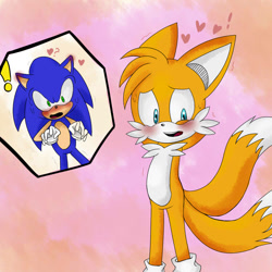 Size: 1000x1000 | Tagged: safe, artist:kyunsei, miles "tails" prower, sonic the hedgehog, 2015, abstract background, blushing, confession, duo, exclamation mark, eye twitch, gay, hands behind head, heart, mouth open, shipping, sonic x tails, standing, surprised, sweatdrop
