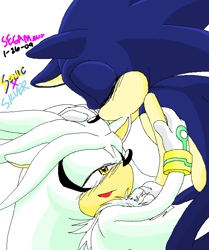 Size: 626x750 | Tagged: safe, artist:segamew, silver the hedgehog, sonic the hedgehog, 2009, blushing, duo, english text, gay, hand on another's head, lidded eyes, looking up at them, nibbling ear, shipping, signature, simple background, sonilver, white background