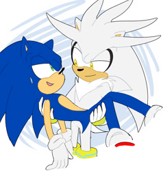 Size: 938x986 | Tagged: safe, artist:panafal, silver the hedgehog, sonic the hedgehog, 2015, abstract background, carrying them, duo, gay, lidded eyes, looking at each other, shipping, smile, sonilver, standing, sweatdrop
