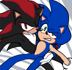 Size: 936x910 | Tagged: safe, artist:panafal, shadow the hedgehog, sonic the hedgehog, 2016, abstract background, clenched teeth, duo, frown, gay, holding them, looking at viewer, rescue, shadow x sonic, shipping, sweatdrop