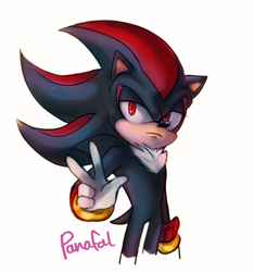 Size: 681x728 | Tagged: safe, artist:panafal, shadow the hedgehog, 2016, frown, lidded eyes, looking at viewer, signature, simple background, solo, standing, v sign, white background