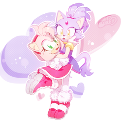 Size: 466x470 | Tagged: safe, artist:chao_cries, amy rose, blaze the cat, cat, hedgehog, 2022, amy x blaze, amy's halterneck dress, blaze's tailcoat, cute, female, females only, hand on cheek, hearts, hugging, lesbian, looking at viewer, mouth open, shipping